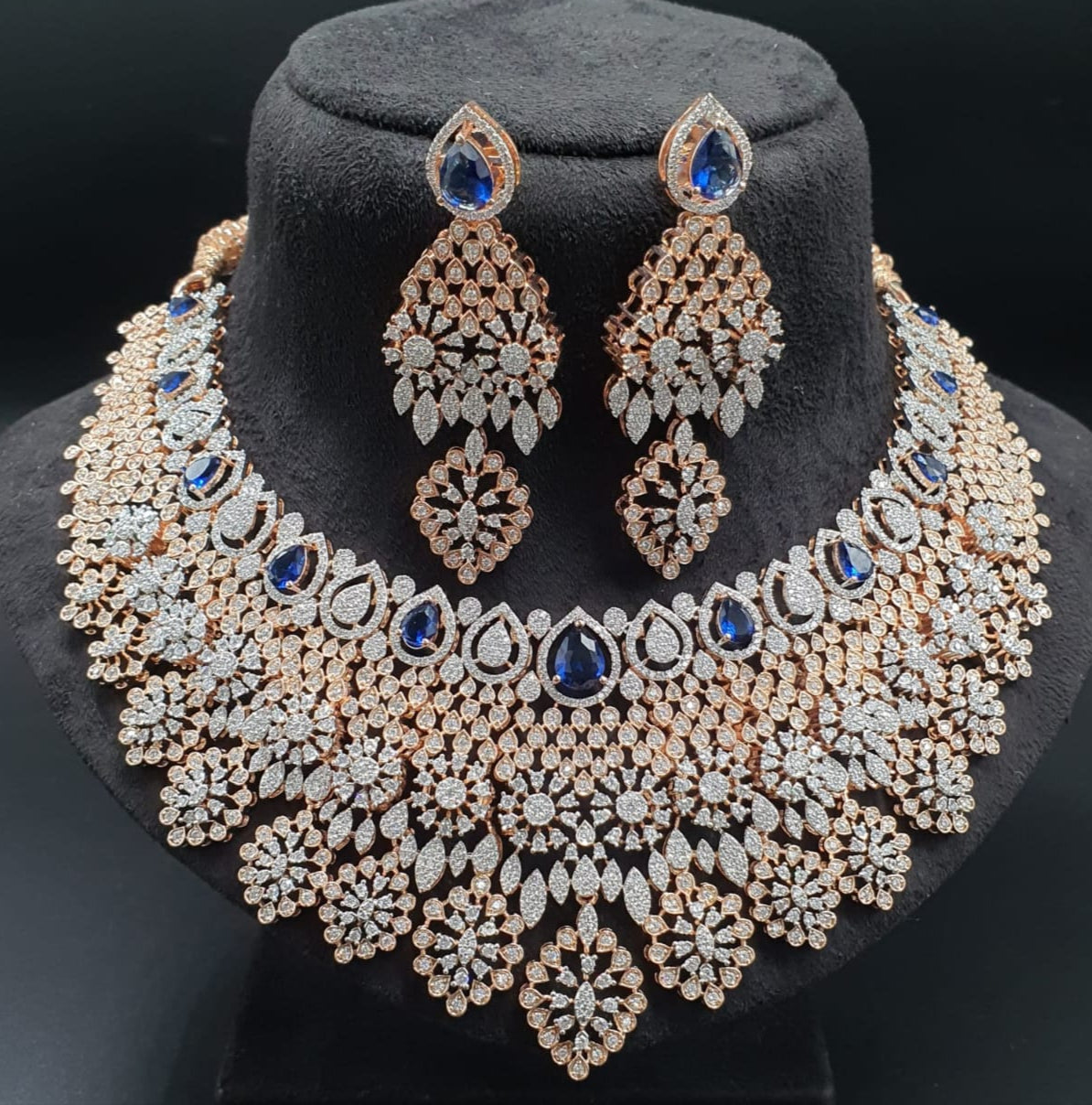 Designer Premium Bridal AD Stone Necklace Set With Earrings -Rose Gold