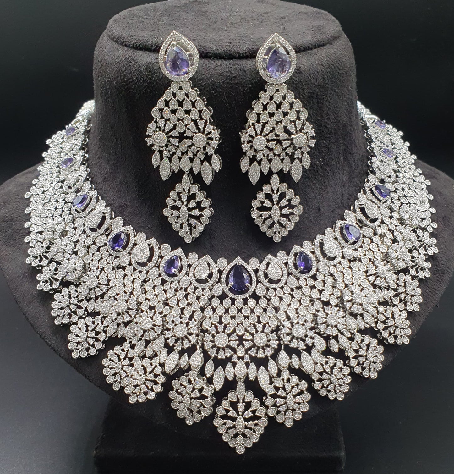 Designer Premium Bridal AD Stone Necklace Set With Earrings -Silver Polish