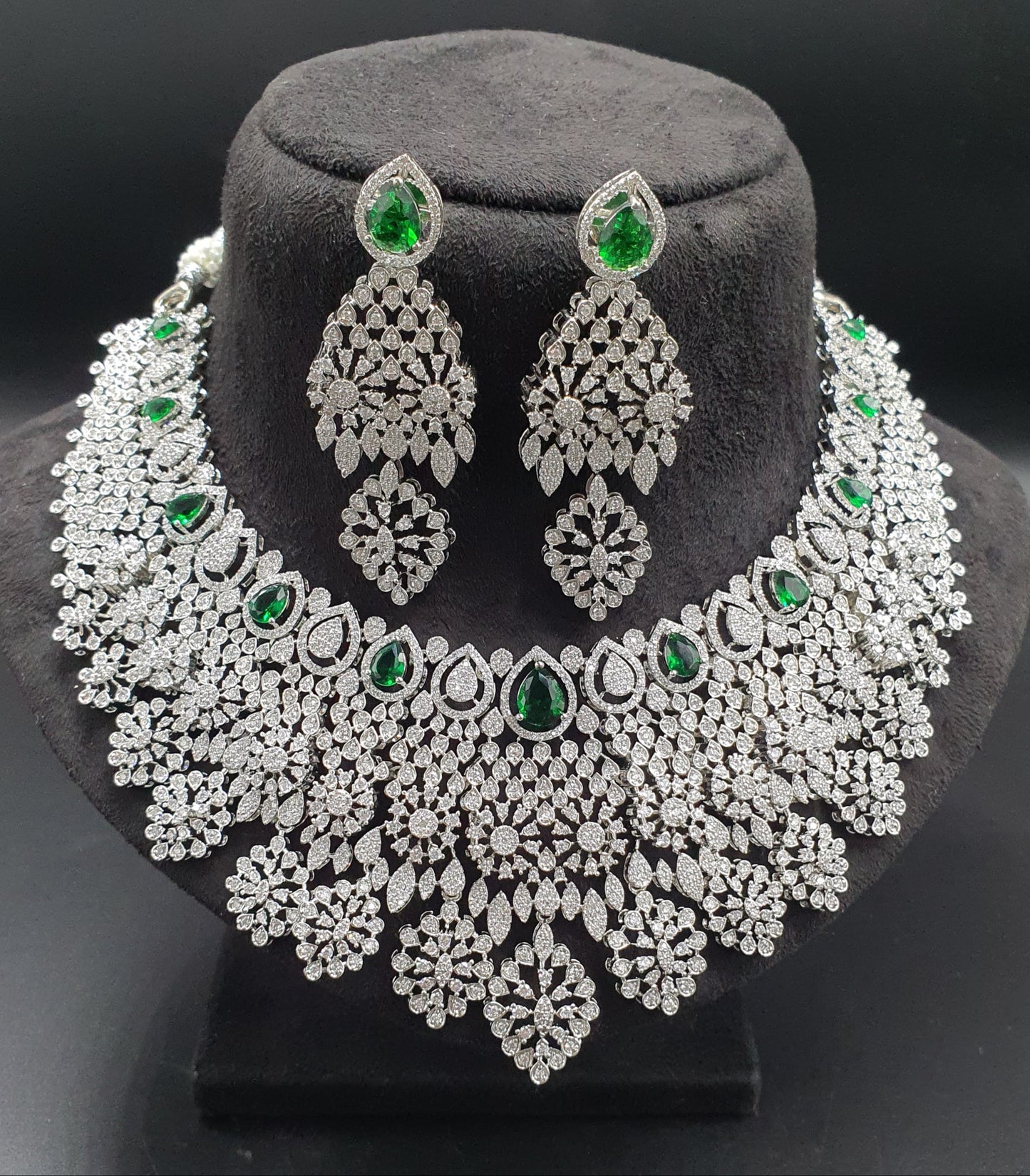 Designer Premium Bridal AD Stone Necklace Set With Earrings -Silver Polish