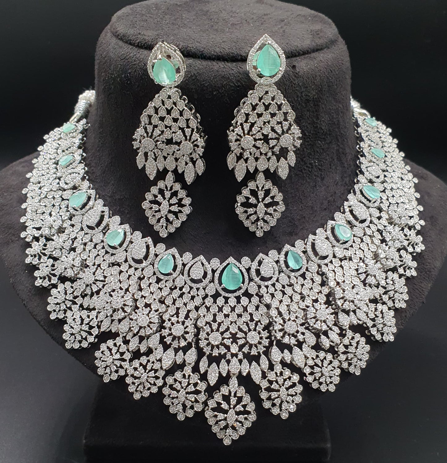Designer Premium Bridal AD Stone Necklace Set With Earrings -Silver Polish