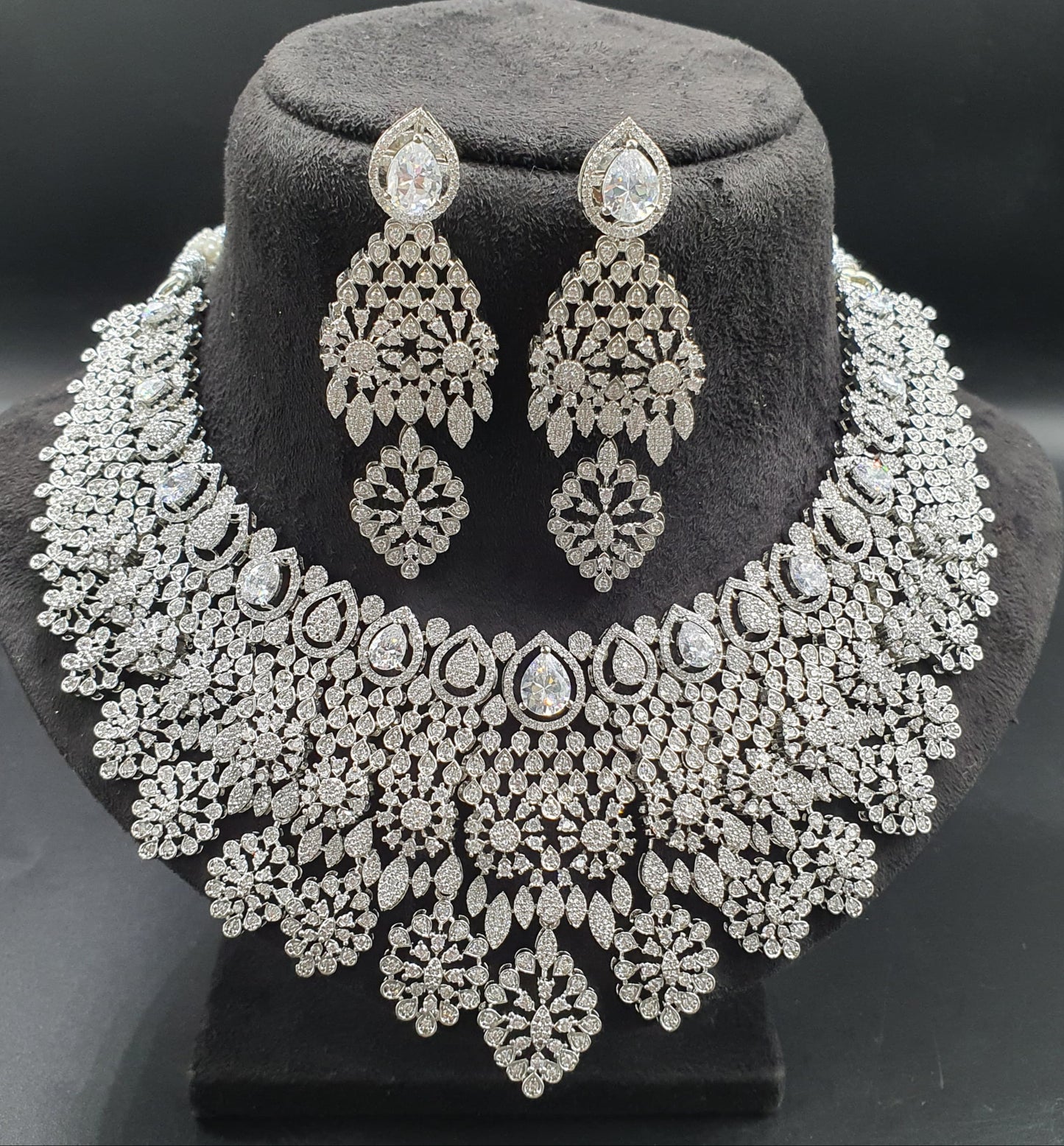Designer Premium Bridal AD Stone Necklace Set With Earrings -Silver Polish