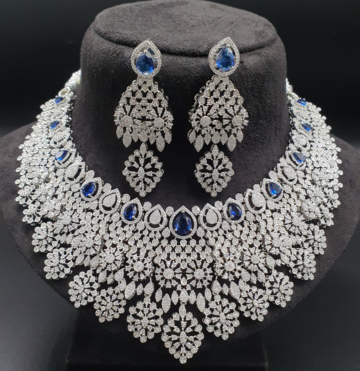 Designer Premium Bridal AD Stone Necklace Set With Earrings -Silver Polish