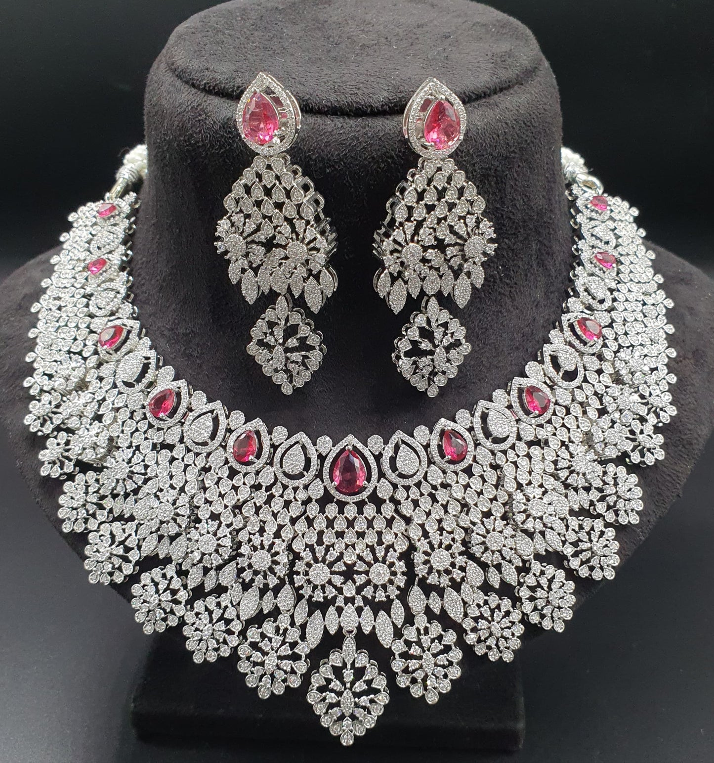 Designer Premium Bridal AD Stone Necklace Set With Earrings -Silver Polish