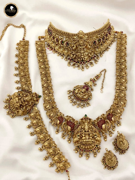 Trending Temple Jewelry Matte Finish Semi Bridal Choker Necklace Combo Set