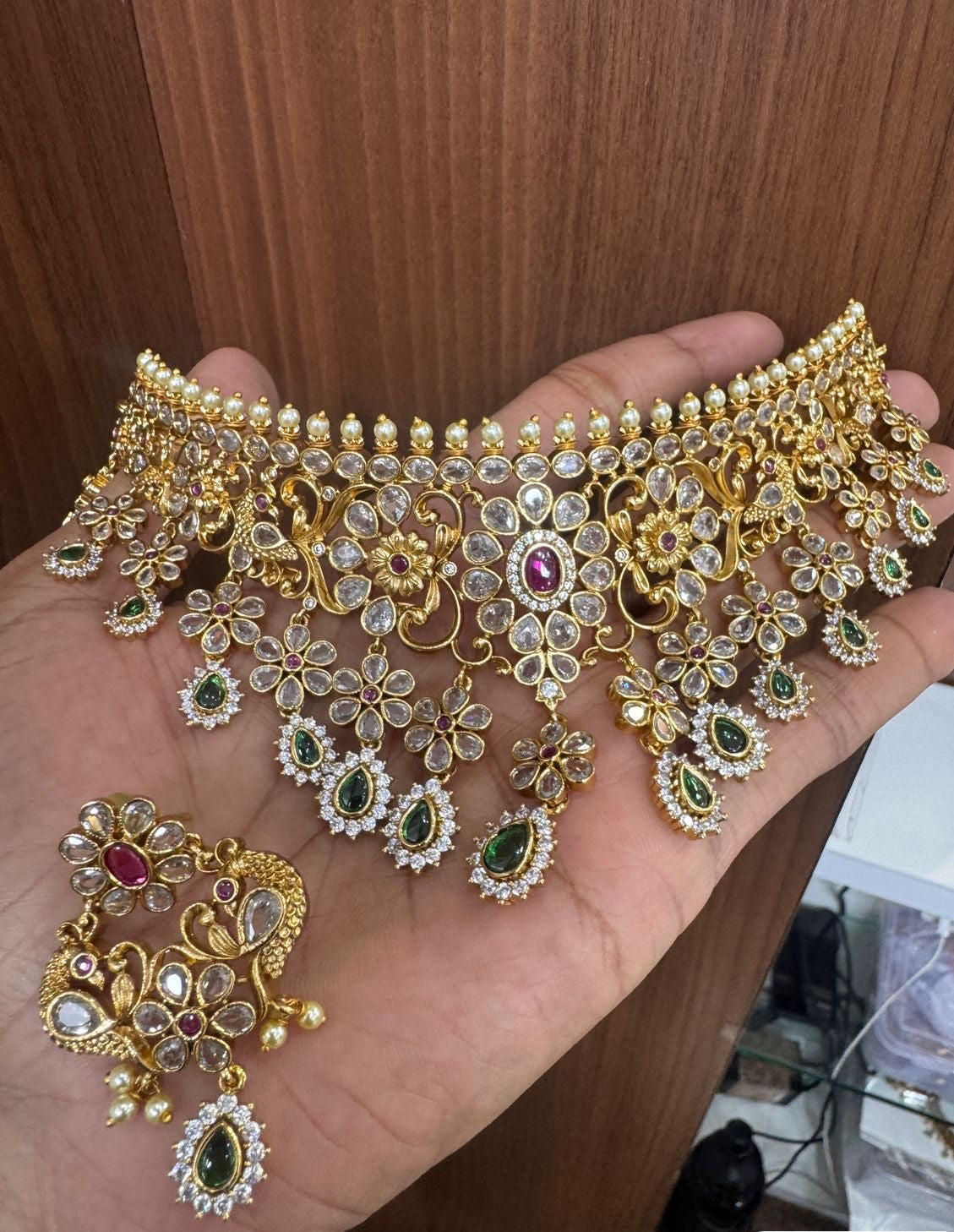 Exquisite Premium Finish Bridal Polki Choker Necklace With Earrings- Mint Beads