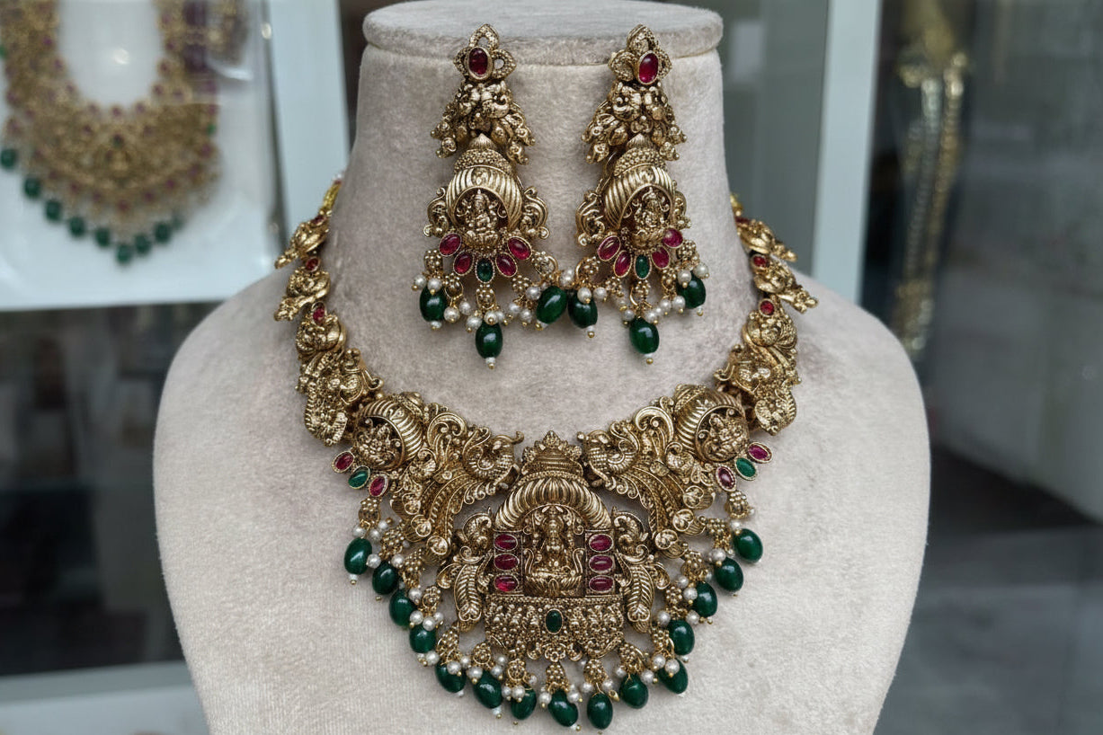 Traditional Design Bridal Temple Jewelry Matte Choker Necklace Set With Earrings - Gold or Green Beads