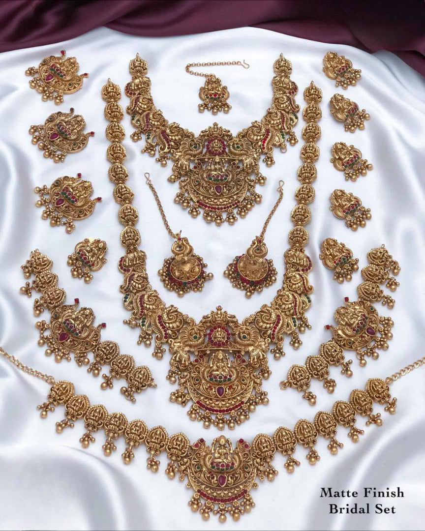 Elegant Matte Finish Bridal Haram Set with Classic Temple Design - Multicolor