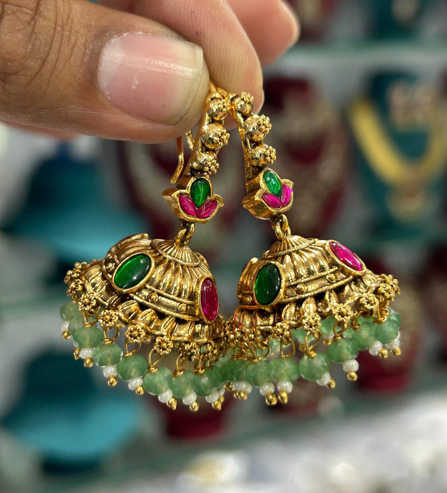 Elegant Matte Finish Jhumka Earrings With Beads-Multicolor