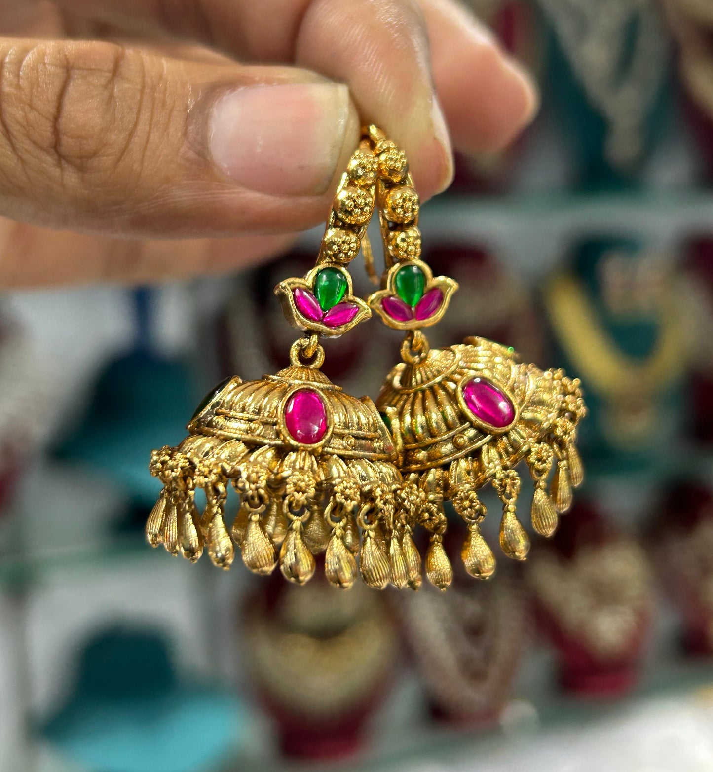 Elegant Matte Finish Jhumka Earrings With Beads-Multicolor
