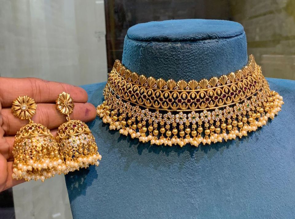 Elegant Premium Matte Finish Choker Necklace Jhumki Earrings
