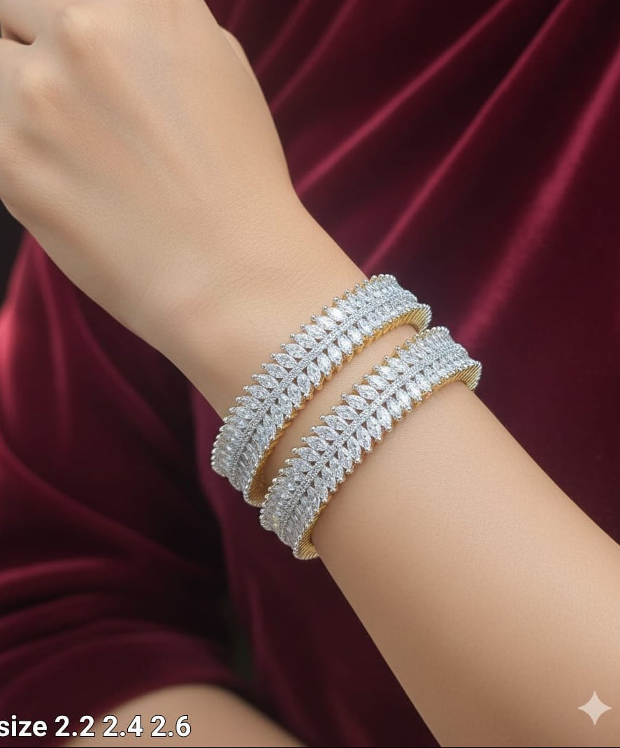 Elegant Premium Party Wear Silver Finish CZ Stone Bangles - Set Of 2