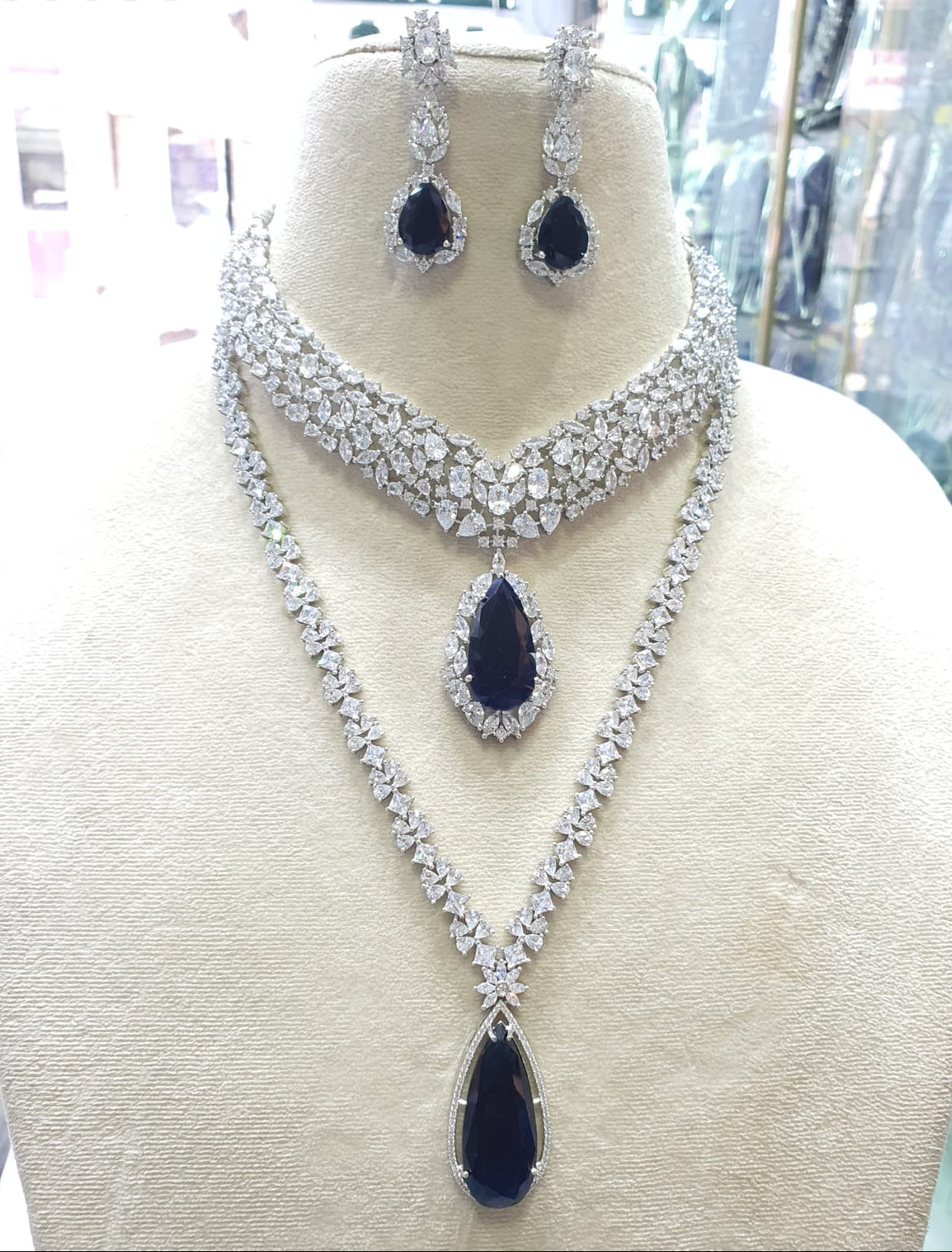 Elegant Premium Silver Finish AD Stone Long And Short Necklace Set With Earrings