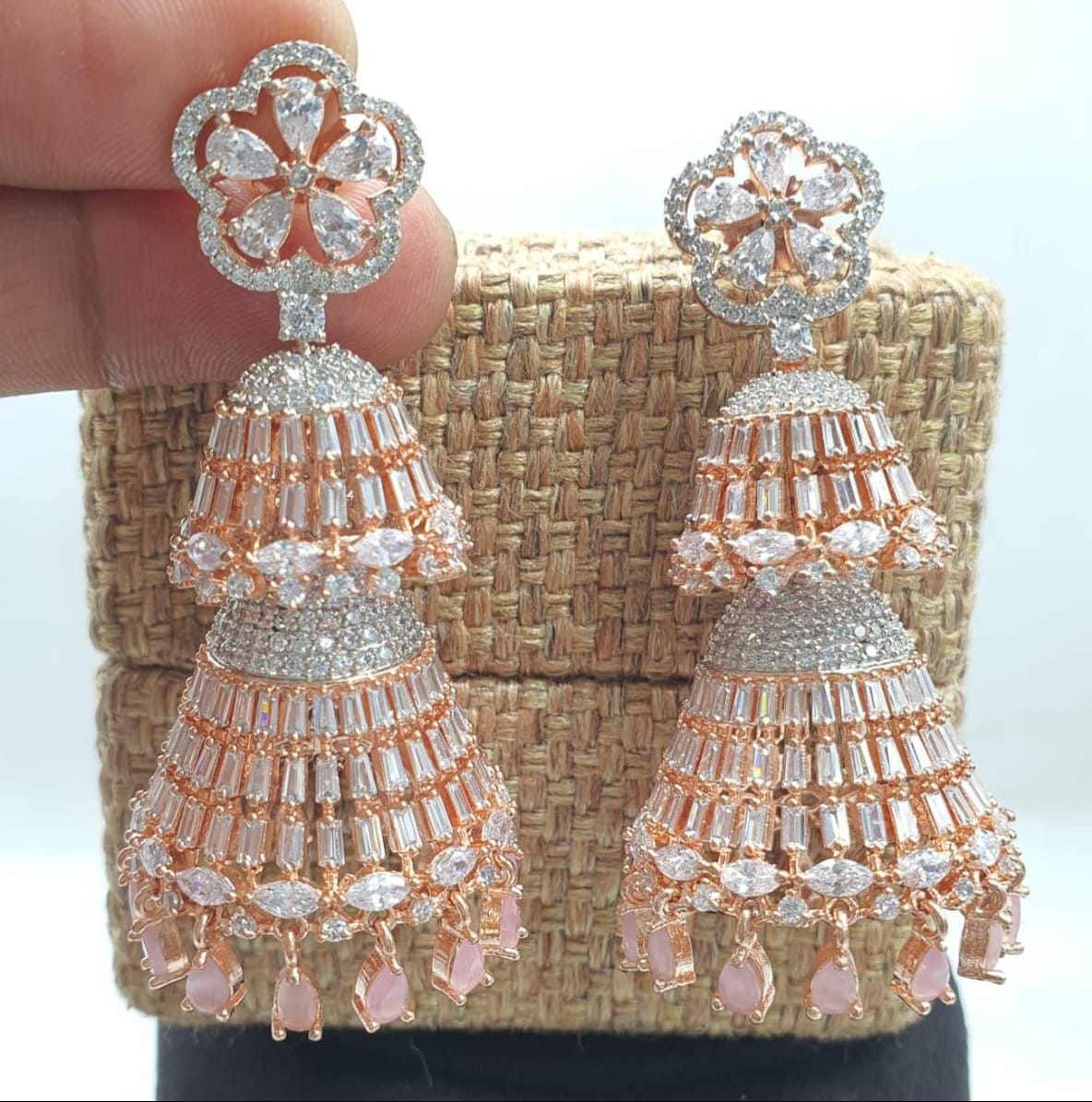 Elegant Rose Gold CZ Jhumki Earrings With Pale Pink Drops -Flower Motif
