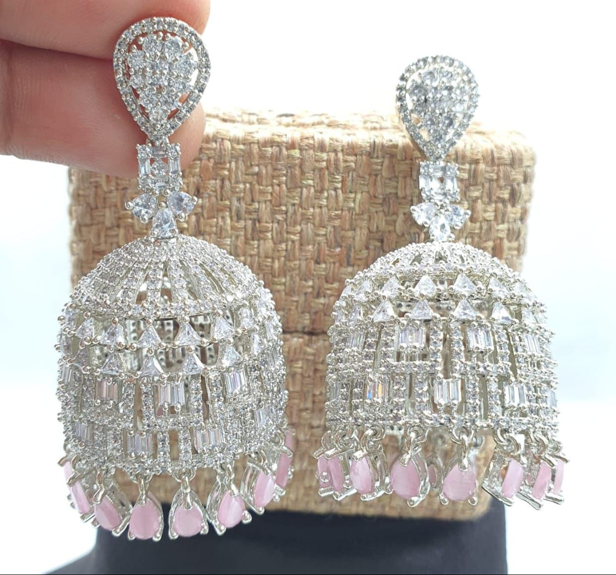 Elegant Silver Finish American Diamond Jhumka Earrings With Pink Drops