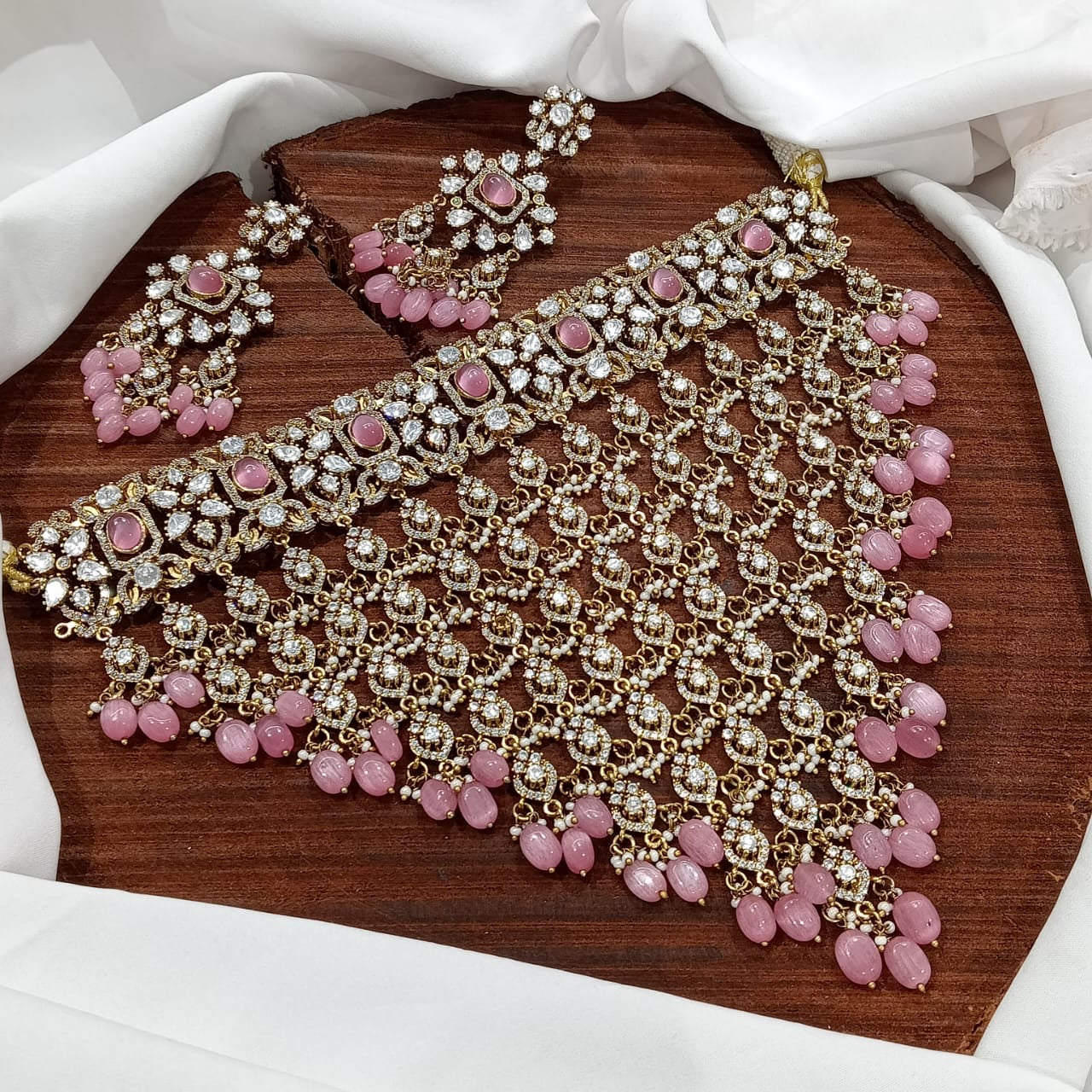 Exquisite Victorian finish Moissanite Bridal Choker Necklace with Earrings- White, Purple, Mint, Pink, Green, Red