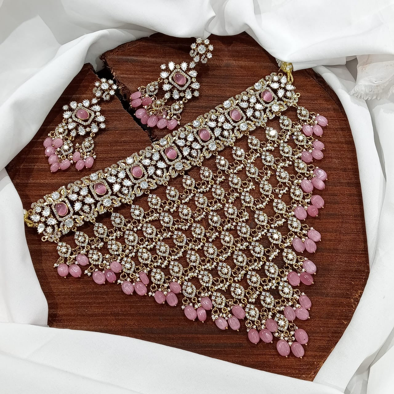 Exquisite Victorian finish Moissanite Bridal Choker Necklace with Earrings- White, Purple, Mint, Pink, Green, Red