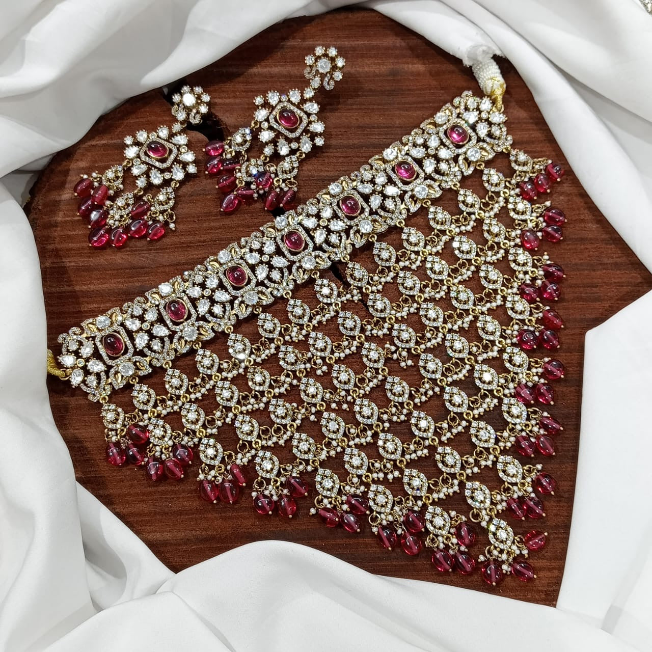 Exquisite Victorian finish Moissanite Bridal Choker Necklace with Earrings- White, Purple, Mint, Pink, Green, Red