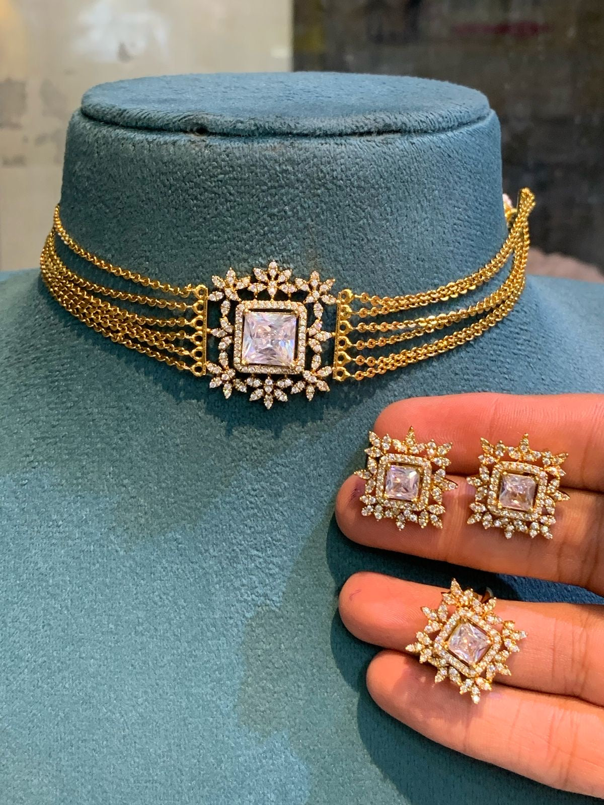 Premium Snowflake Pendant Mini Choker Necklace with Earrings and Ring in Colors