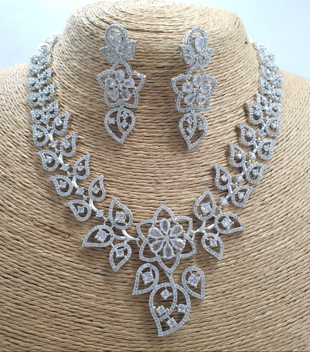 Floral Elegance Silver Finish CZ Stone Necklace Set With Earrings