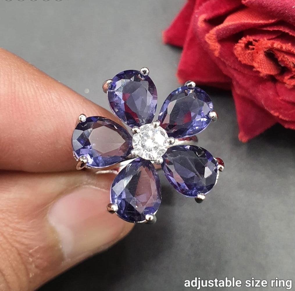 Elegant Adjustable Flower Rings Designer American Diamond Jewelry- Silver polished