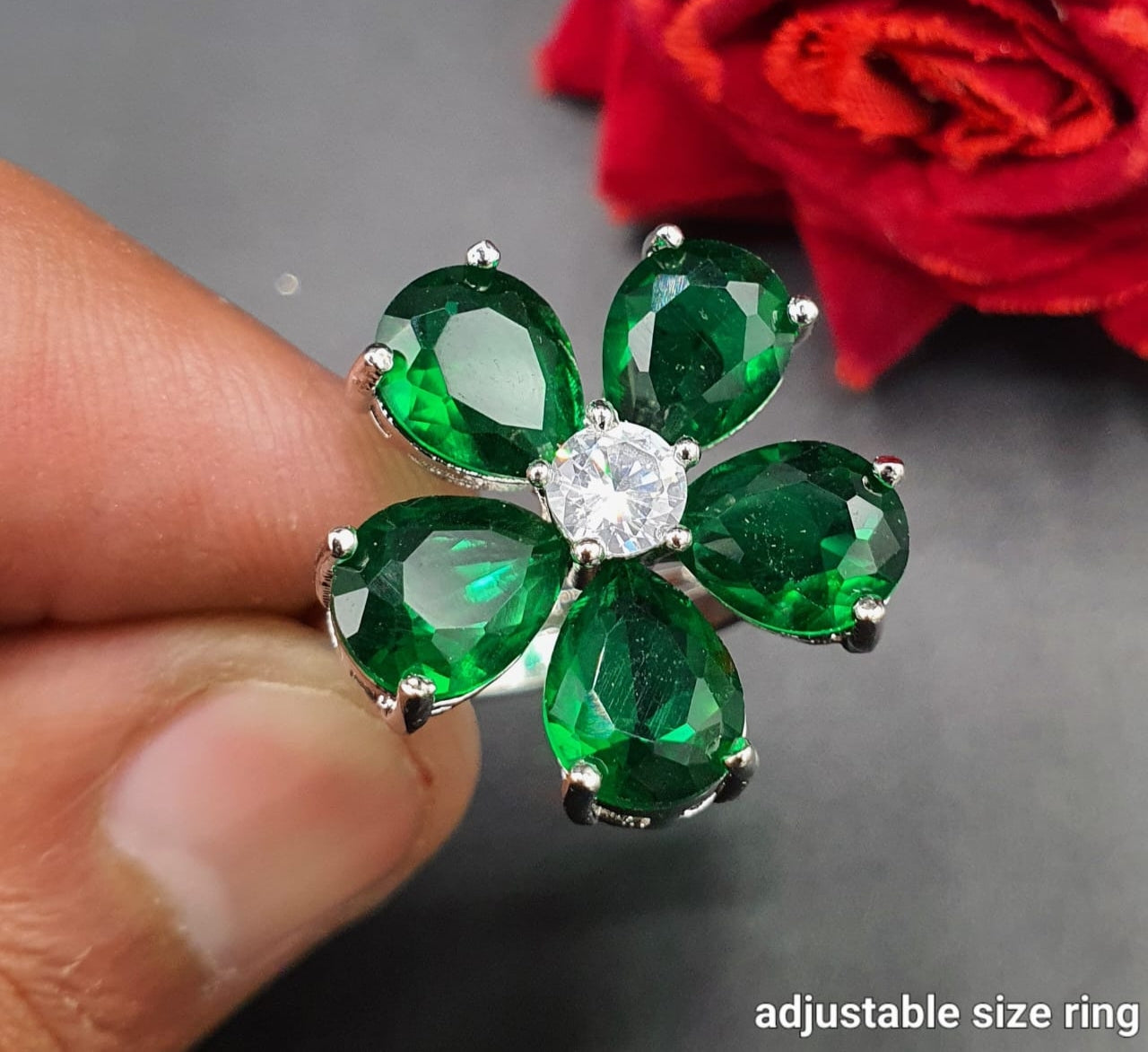 Elegant Adjustable Flower Rings Designer American Diamond Jewelry- Silver polished