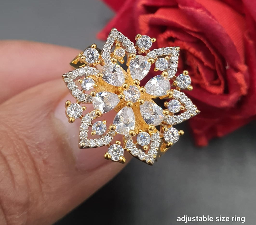 Elegant Adjustable Flower Ring Designer American Diamond Jewelry