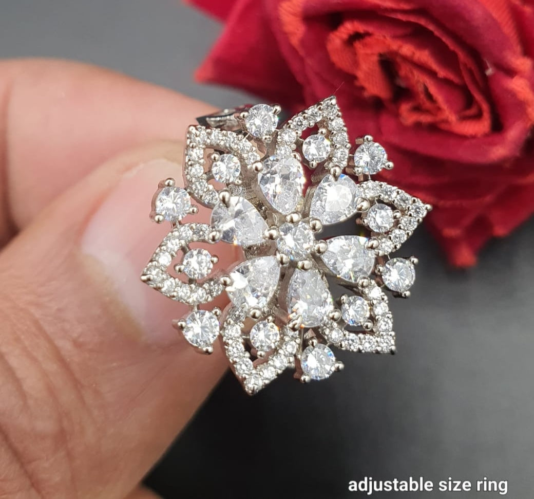 Elegant Adjustable Flower Ring Designer American Diamond Jewelry