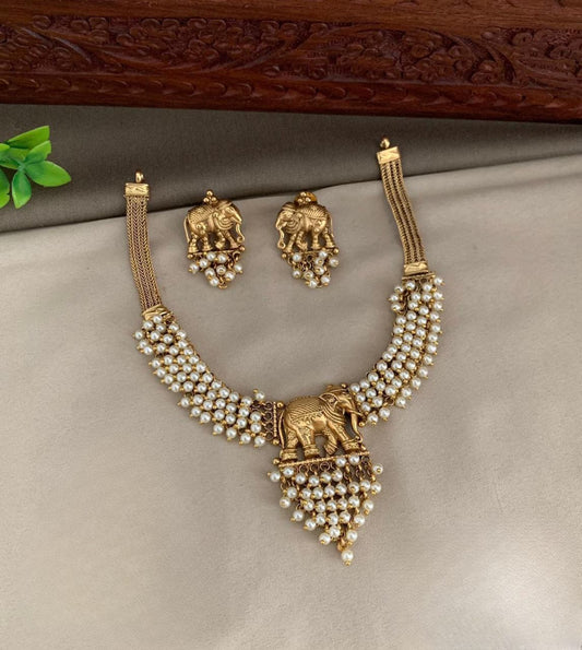 Cute Matte Beaded Necklace Set With Earrings- Elephant Design