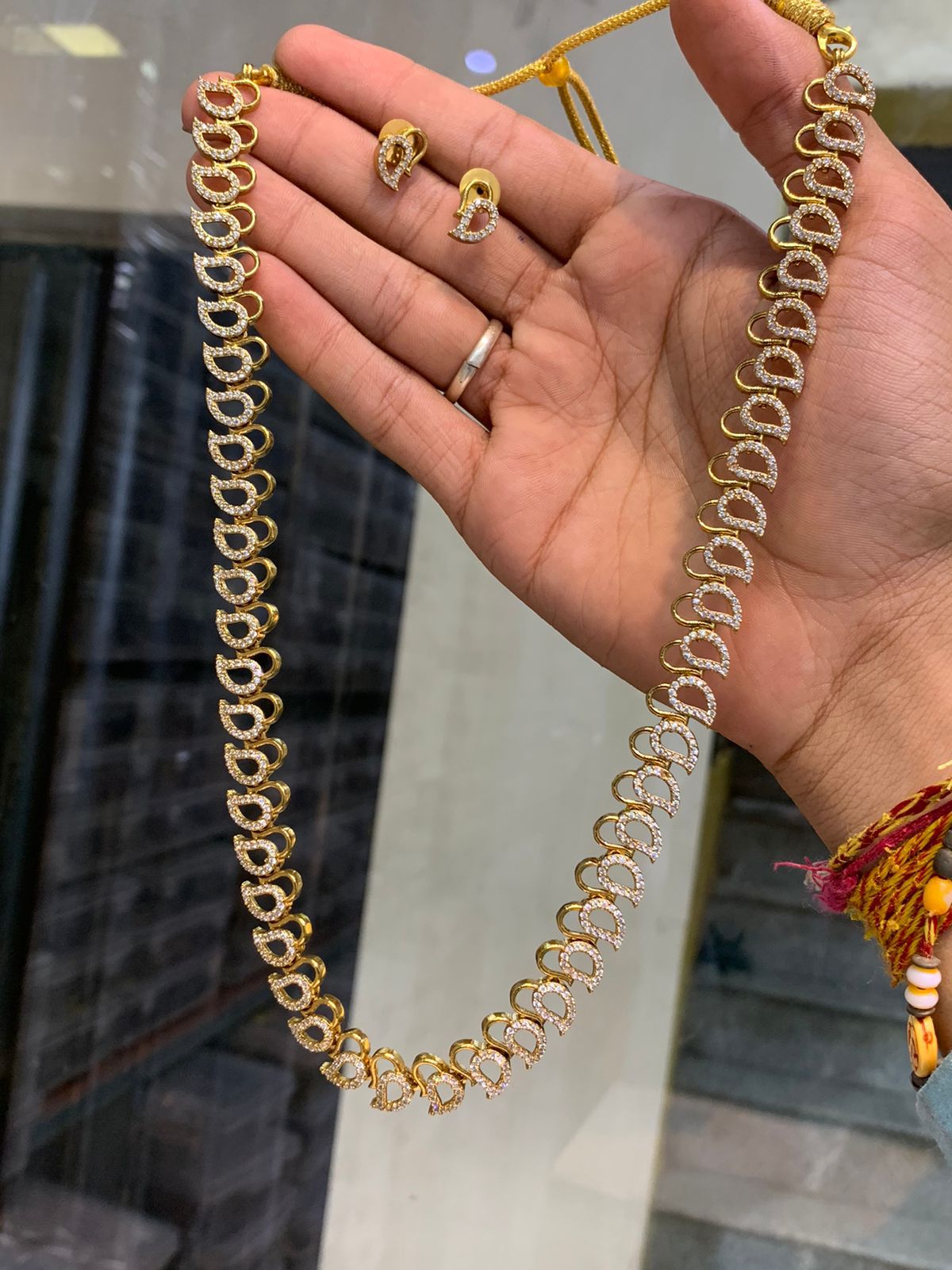 Classy AD Stone Jewelry Medium Haram -Mango Necklace Set With Stud Earrings