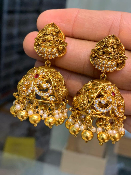 Bridal Premium Antique Matte Finish Jhumkas - Lakshmi Design Earrings