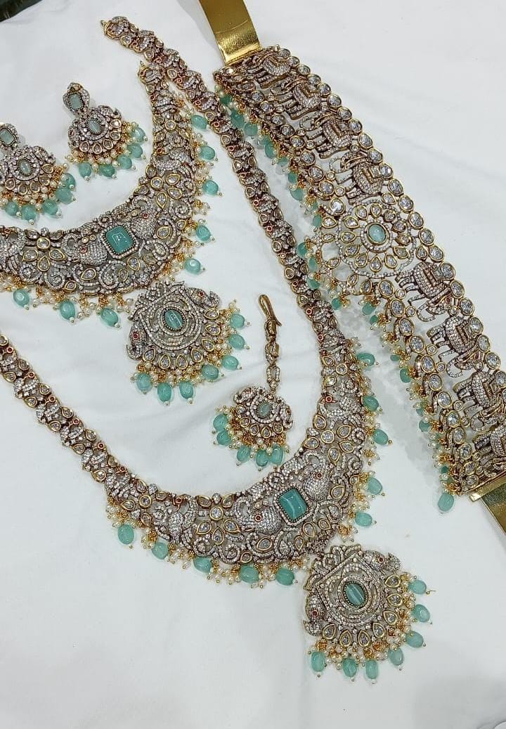 Elegant Victorian Finish Full Bridal Set Haram Necklace Set with Earrings- Mint