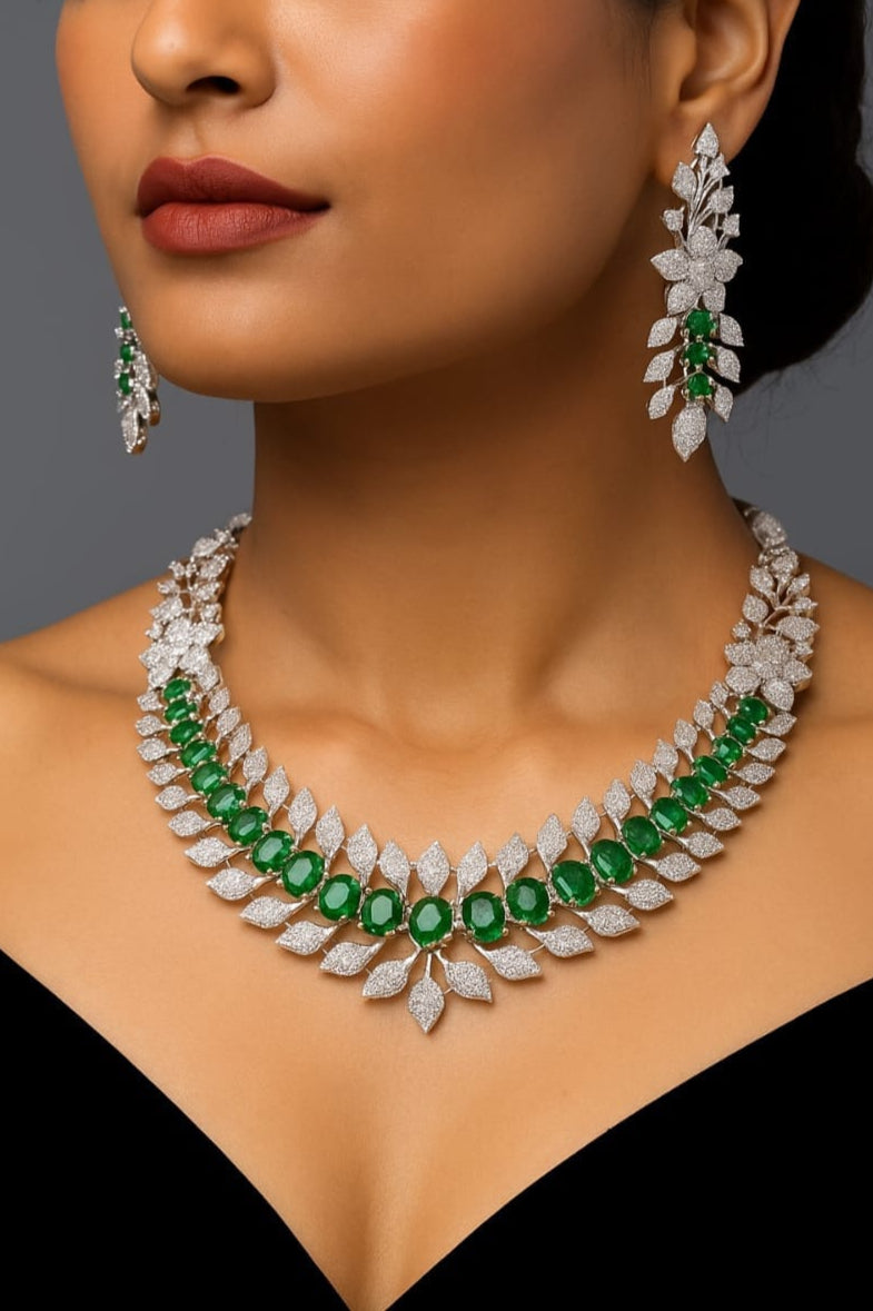 Latest Design Partywear CZ Stone Necklace Set With Earrings - Silver Finish