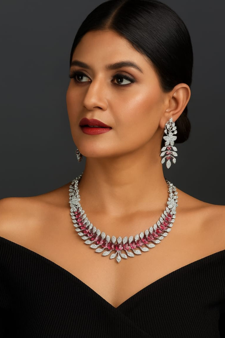 Latest Design Partywear CZ Stone Necklace Set With Earrings - Silver Finish