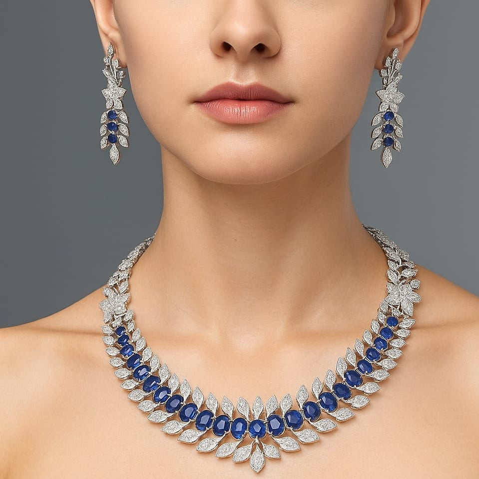 Latest Design Partywear CZ Stone Necklace Set With Earrings - Silver Finish
