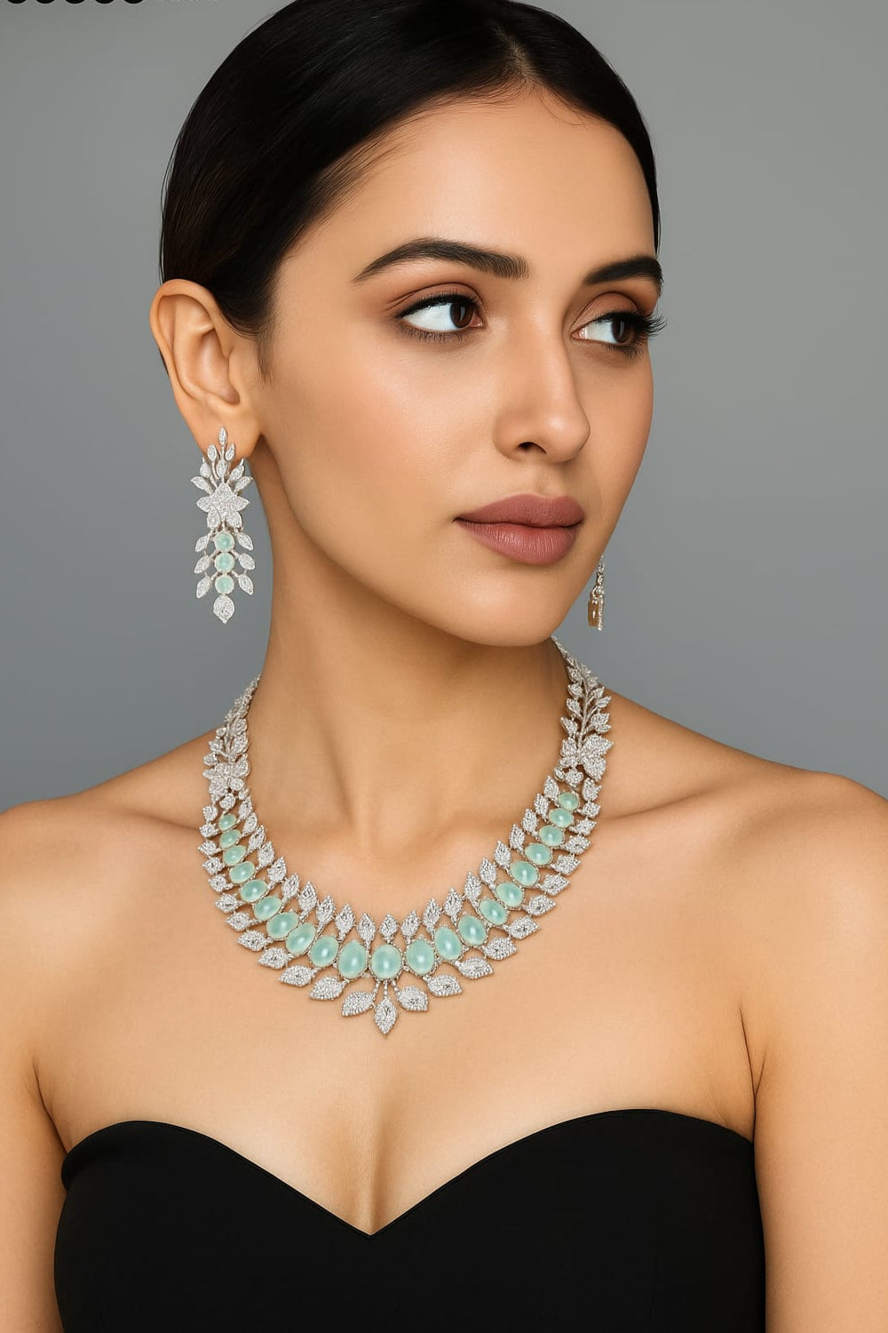 Latest Design Partywear CZ Stone Necklace Set With Earrings - Silver Finish