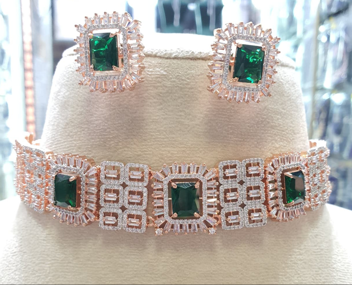 Latest Premium Bridal CZ Stone Rosegold Finish Necklace Set With Earrings - Green