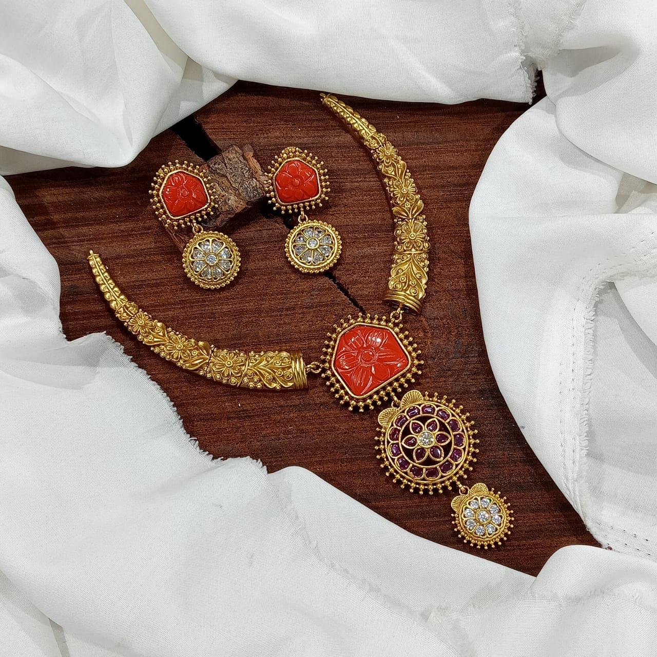 Latest Premium Matte Cz stone Pendant Necklace Set With Kanti And Earrings