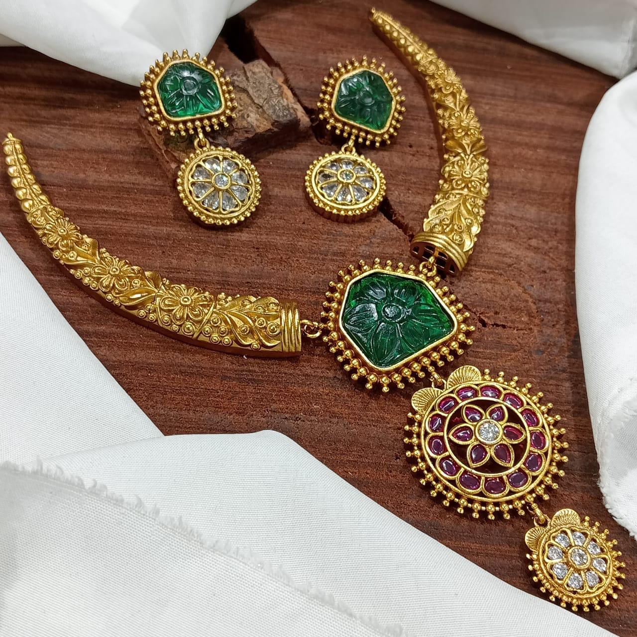 Latest Premium Matte Cz stone Pendant Necklace Set With Kanti And Earrings
