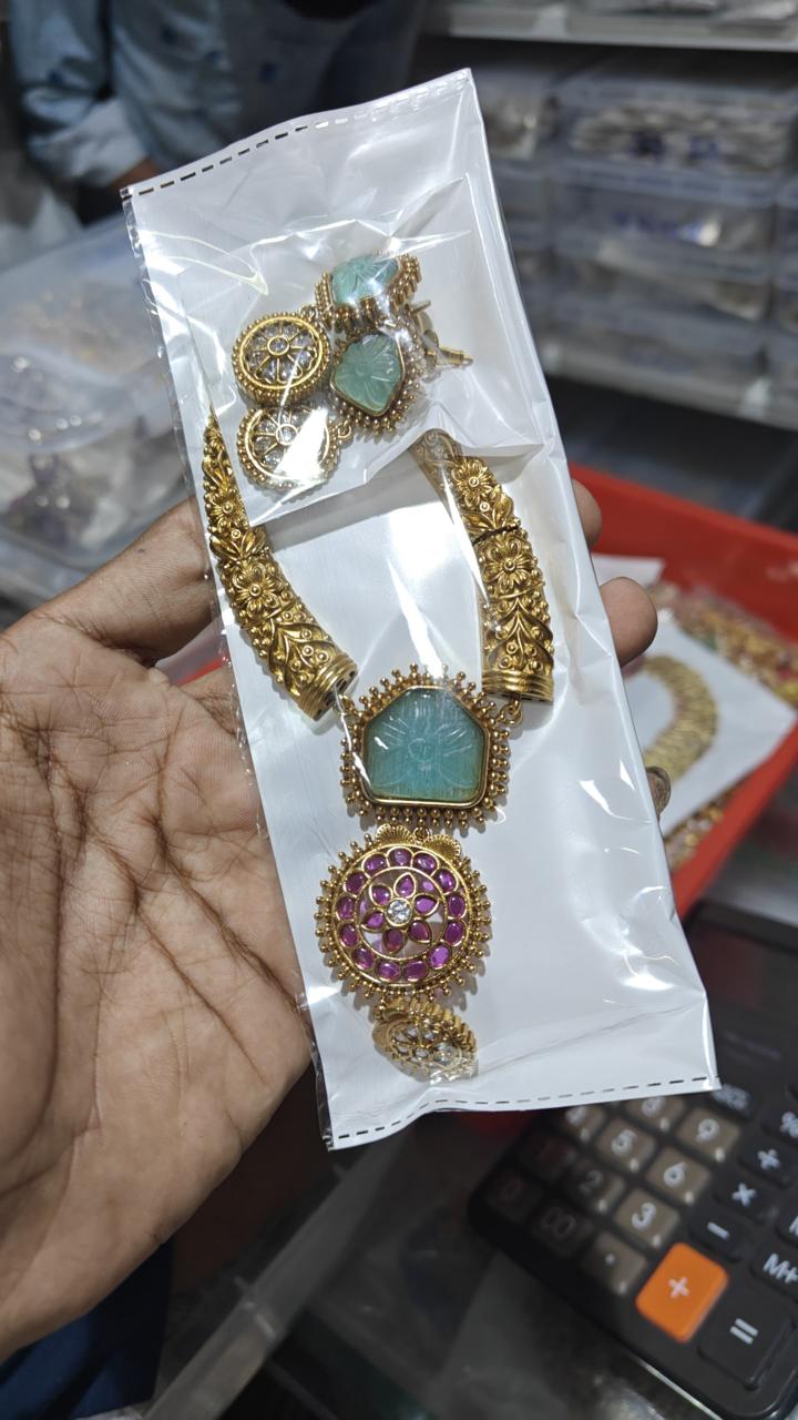 Latest Premium Matte Cz stone Pendant Necklace Set With Kanti And Earrings