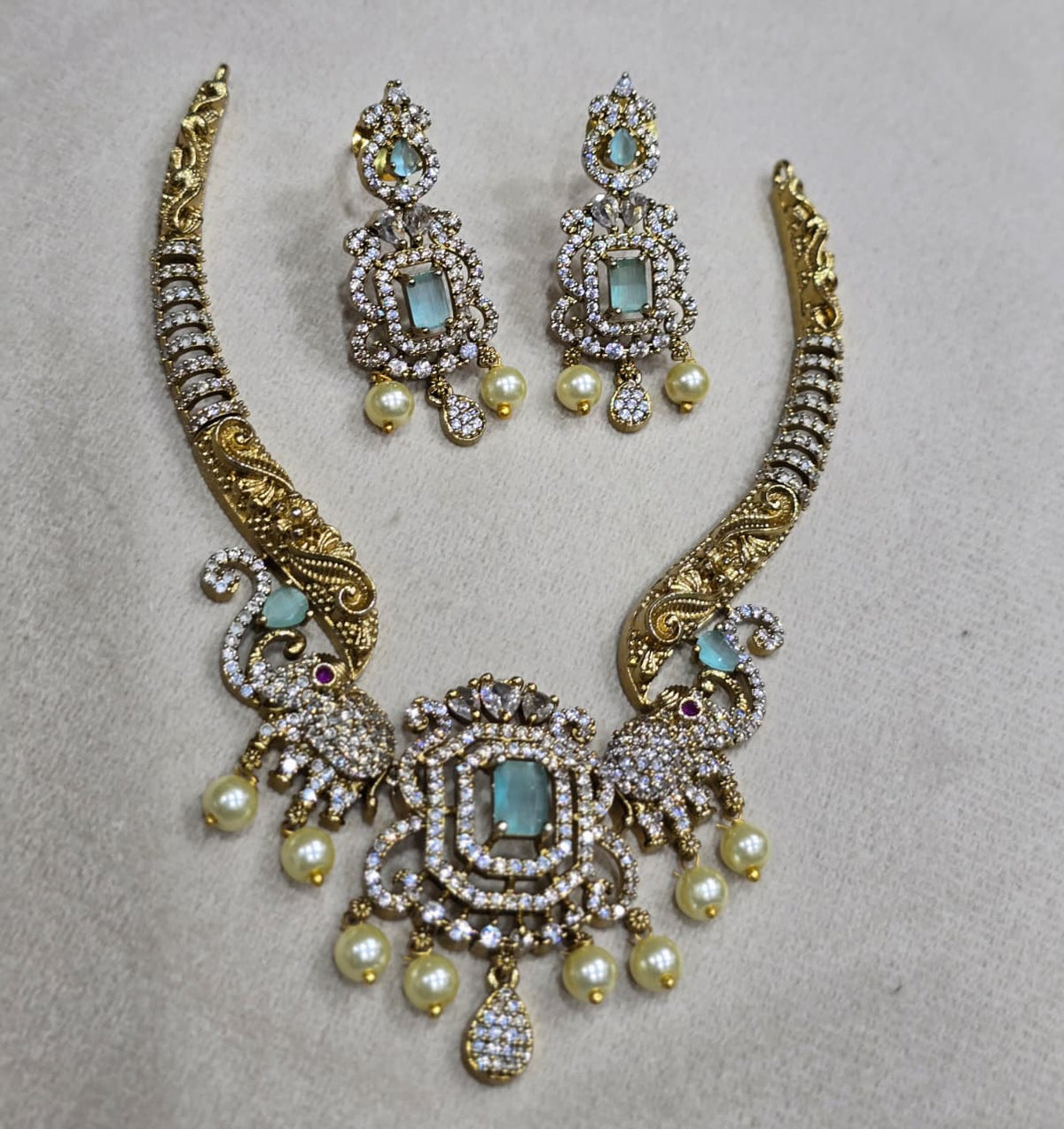 Latest Premium Matte Cz stone Pendant Necklace Set With Kanti And Earrings