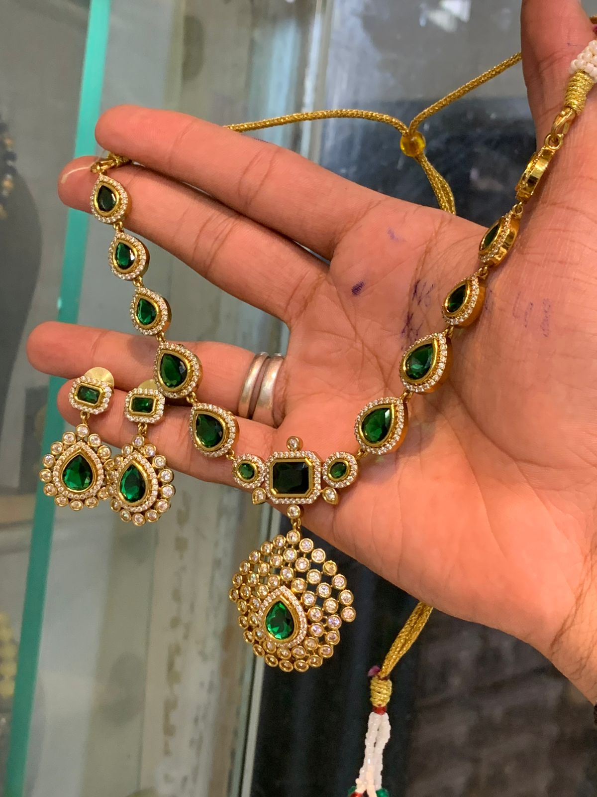 Latest Premium Matte Finish Emerald Green Necklace Set With Earrings