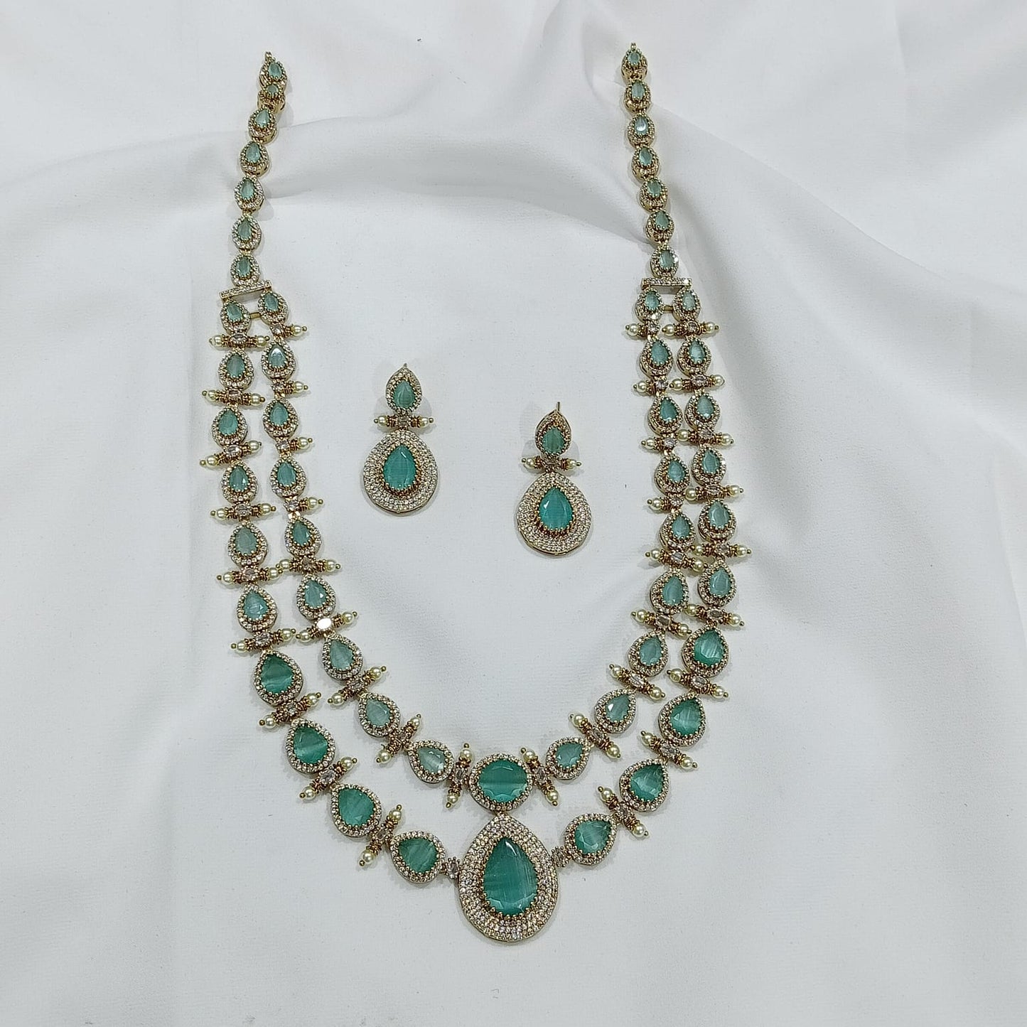 Latest Victorian Finish Moissanite Stone Layered Necklace Set With Earrings