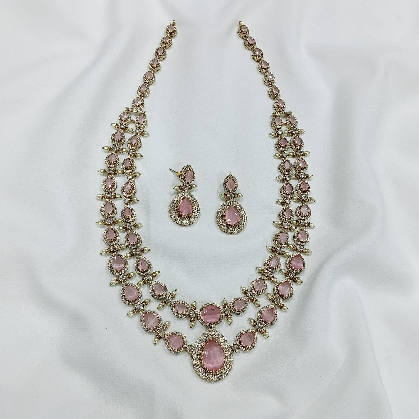Latest Victorian Finish Moissanite Stone Layered Necklace Set With Earrings