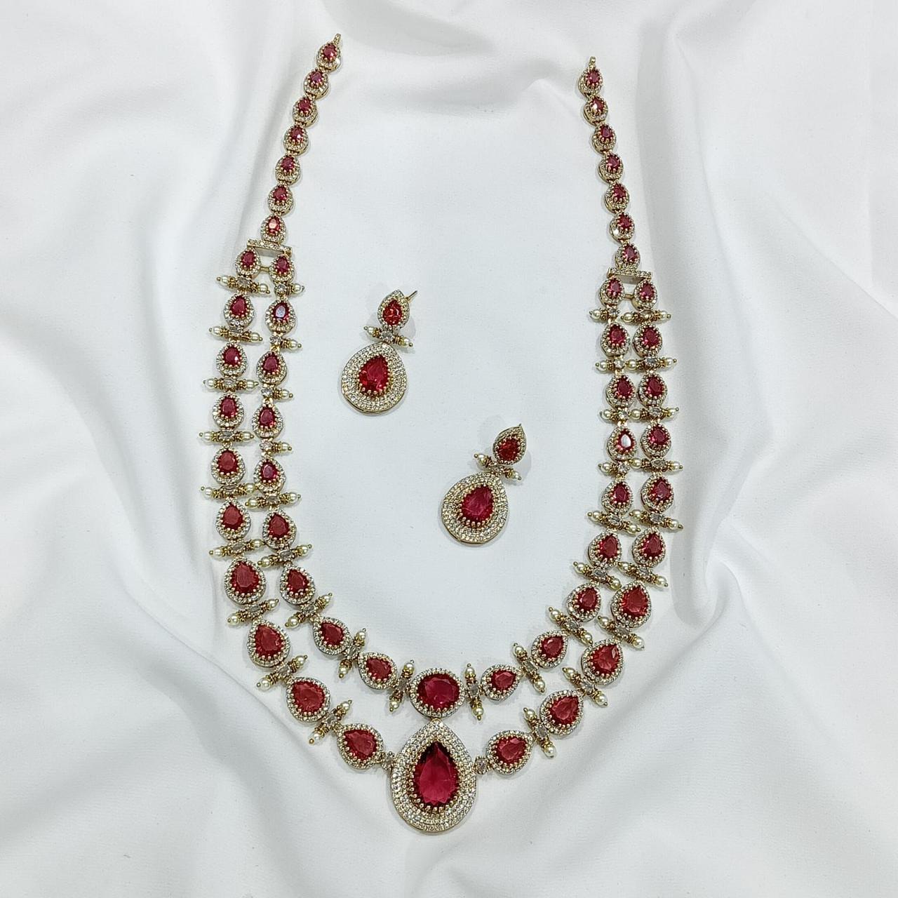 Latest Victorian Finish Moissanite Stone Layered Necklace Set With Earrings