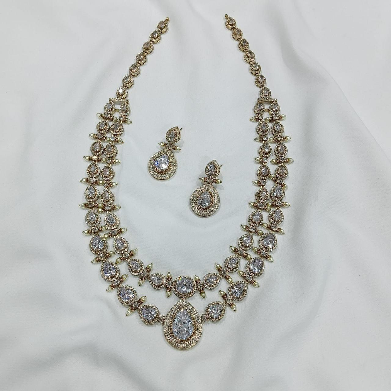 Latest Victorian Finish Moissanite Stone Layered Necklace Set With Earrings