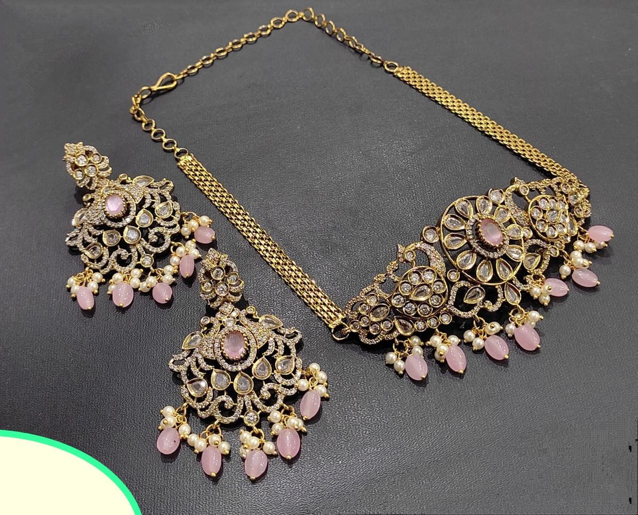 New Premium Matte Beaded Mini Choker Necklace Set With Sparkling Earrings