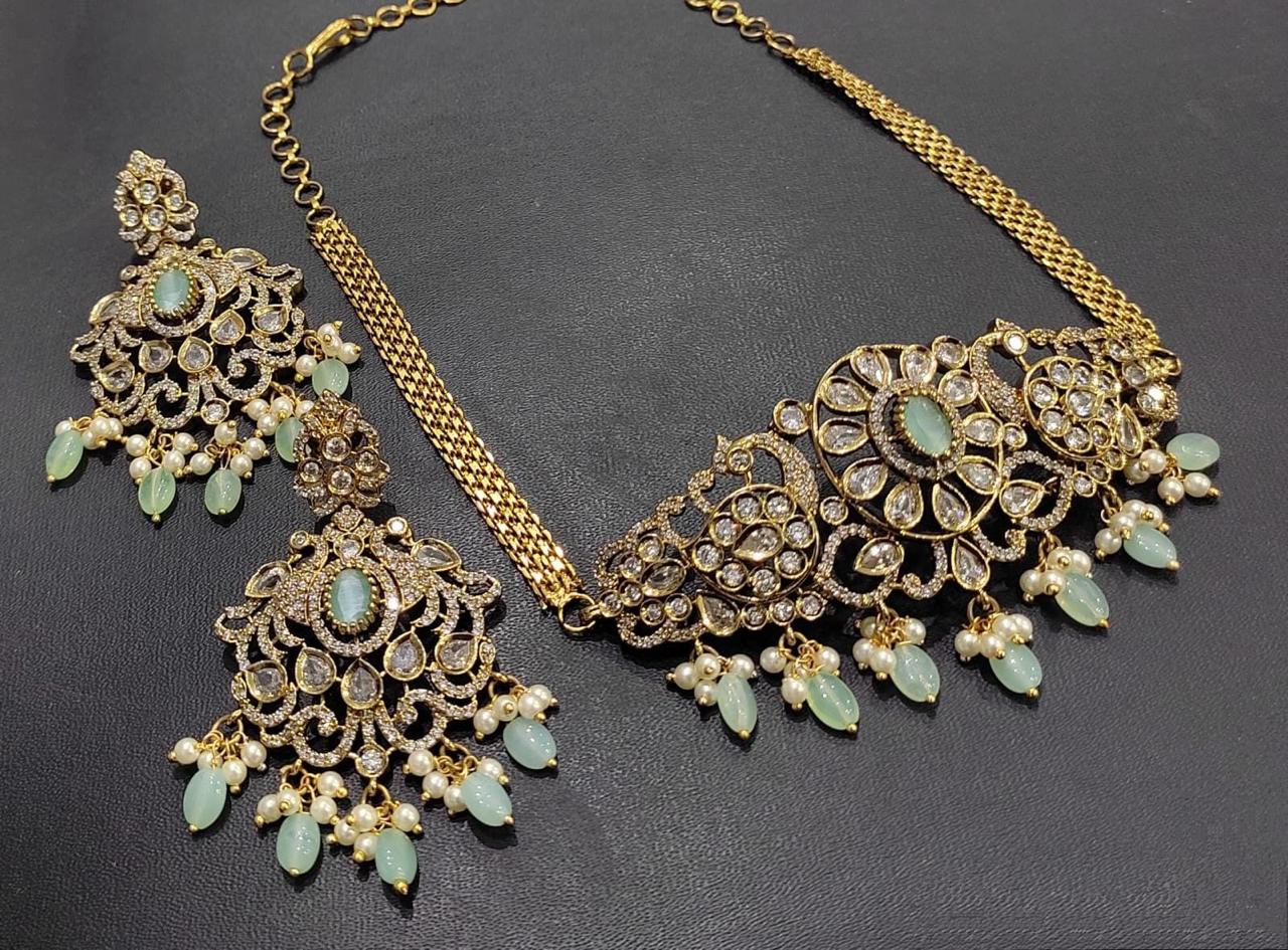 New Premium Matte Beaded Mini Choker Necklace Set With Sparkling Earrings