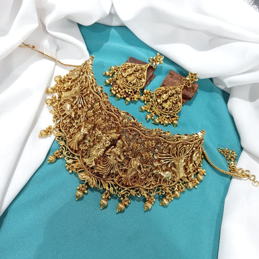 New arrivals Partywear Bridal Temple Jewelry Choker -Radhekrishna Necklace with Earrings