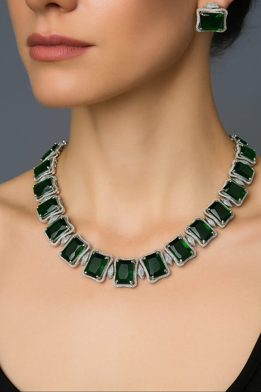 Partywear Uncut Silver Finish CZ Stone Necklace Set With Earrings - Green