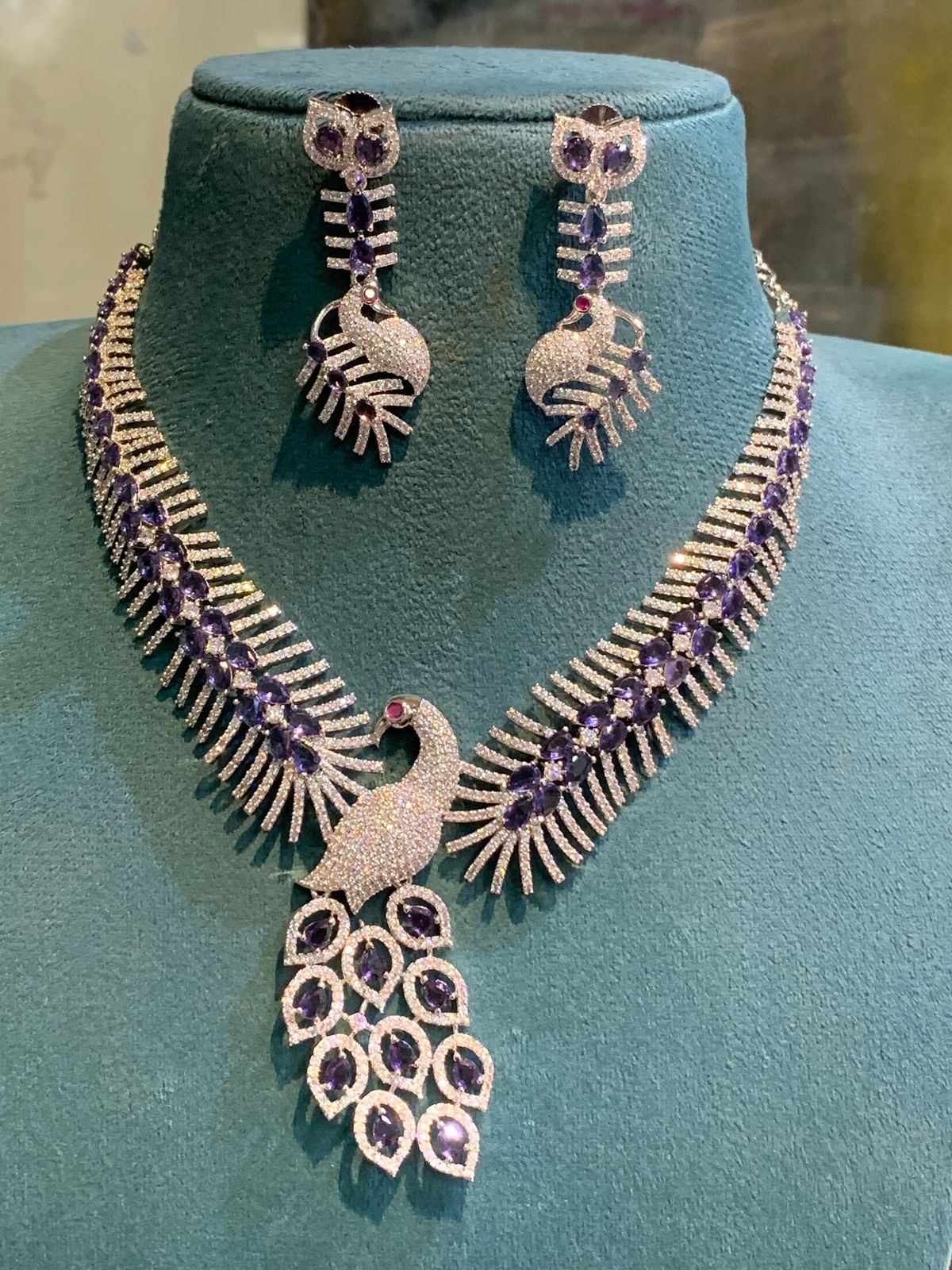 Unique Silver Finish CZ Stone Peacock Necklace Set with Earrings- Pink, Mint, Blue, White